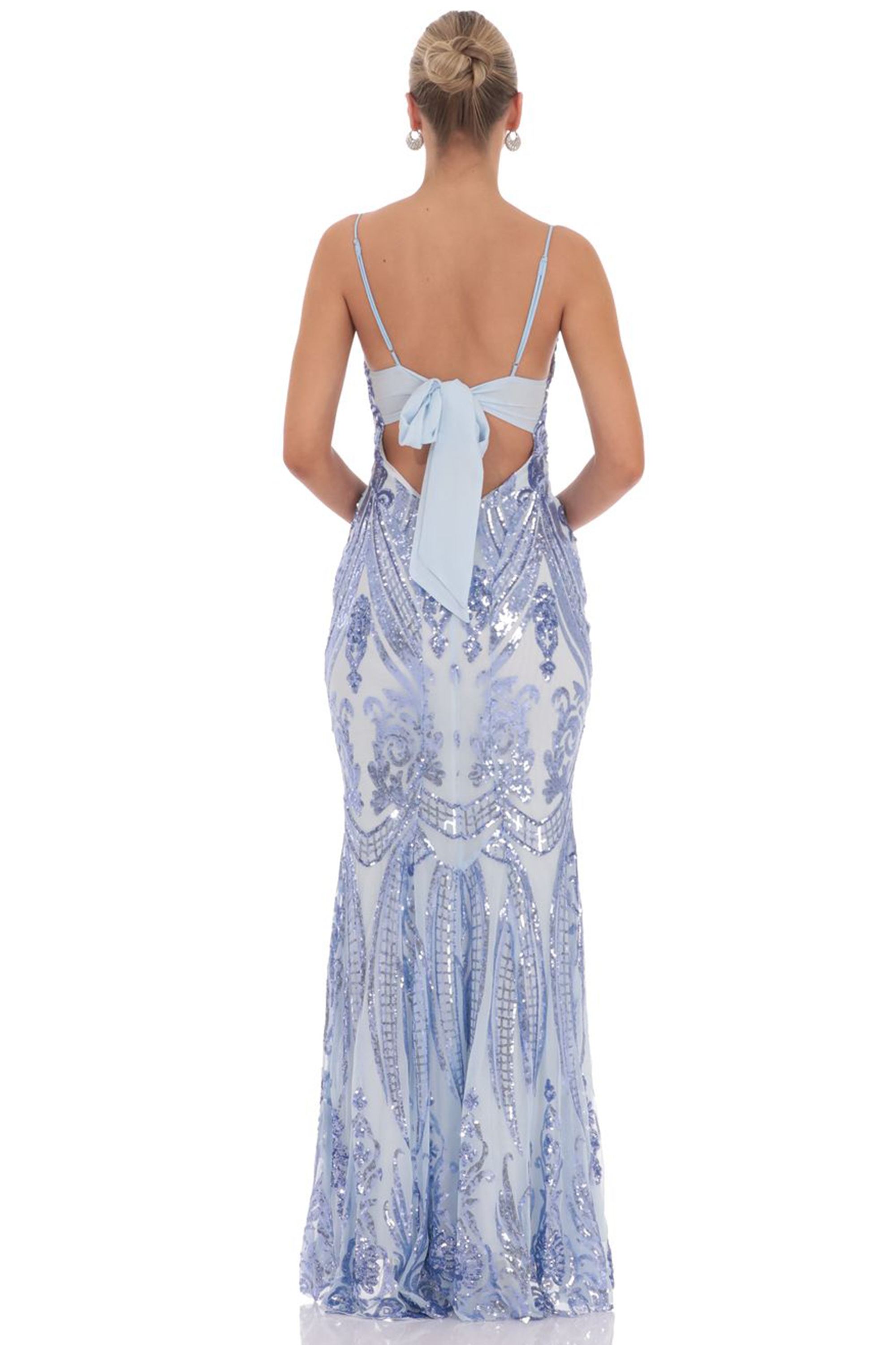 Sequin V-Neck Lace-Up Fishtail Maxi Dress