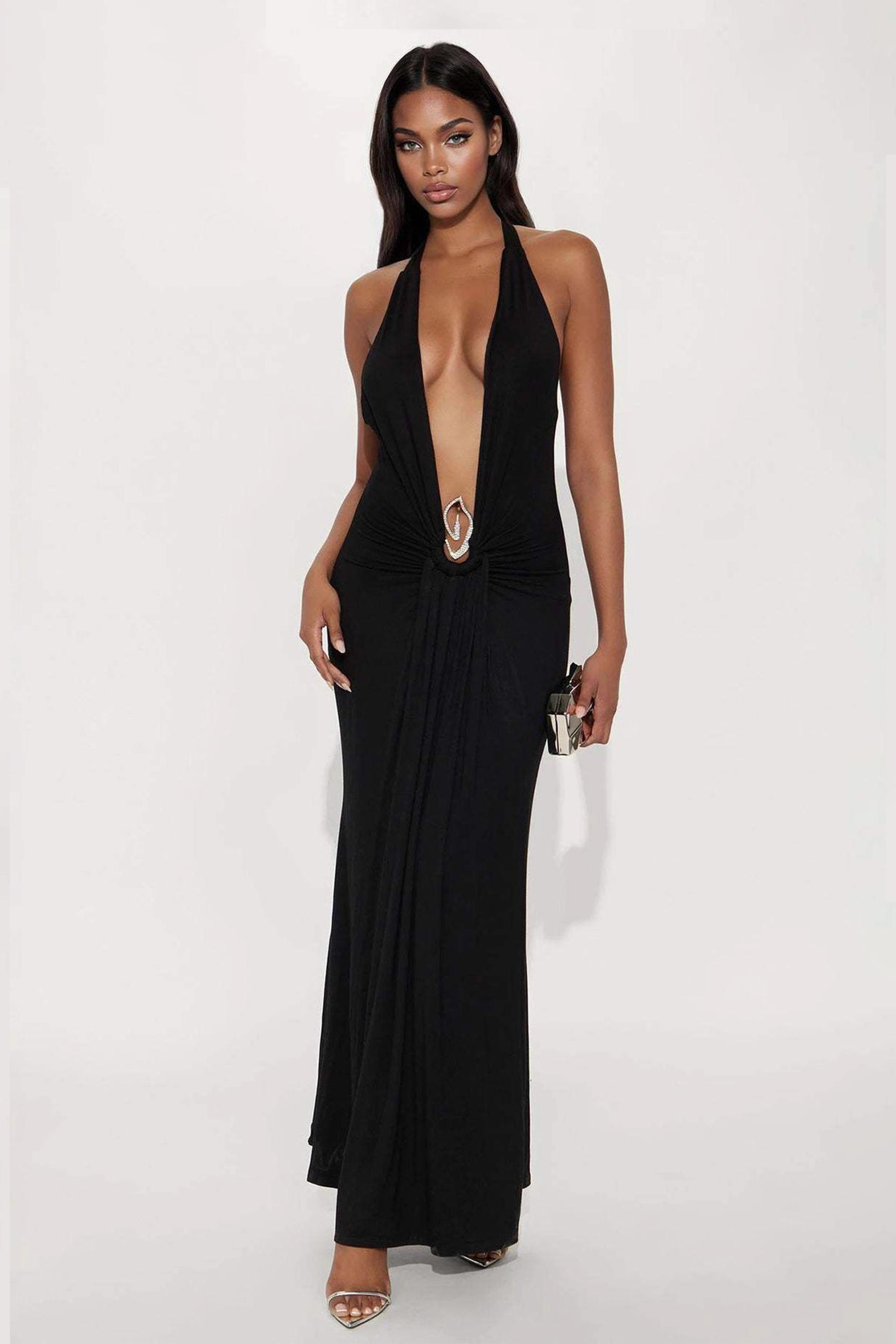 Jersey Metal Decorations Halter Neck Maxi Dress