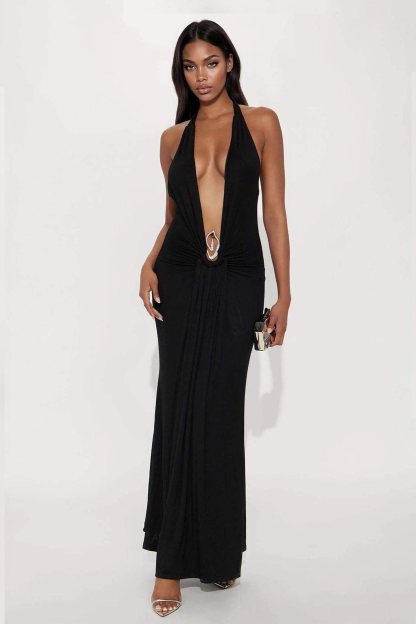 Jersey Metal Decorations Halter Neck Maxi Dress