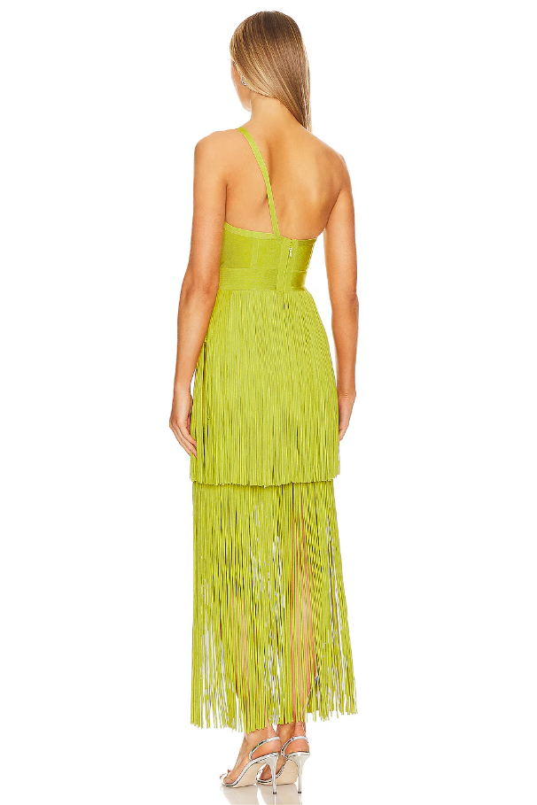 Solid One Shoulder Asymmetrical Tassel Midi Dress