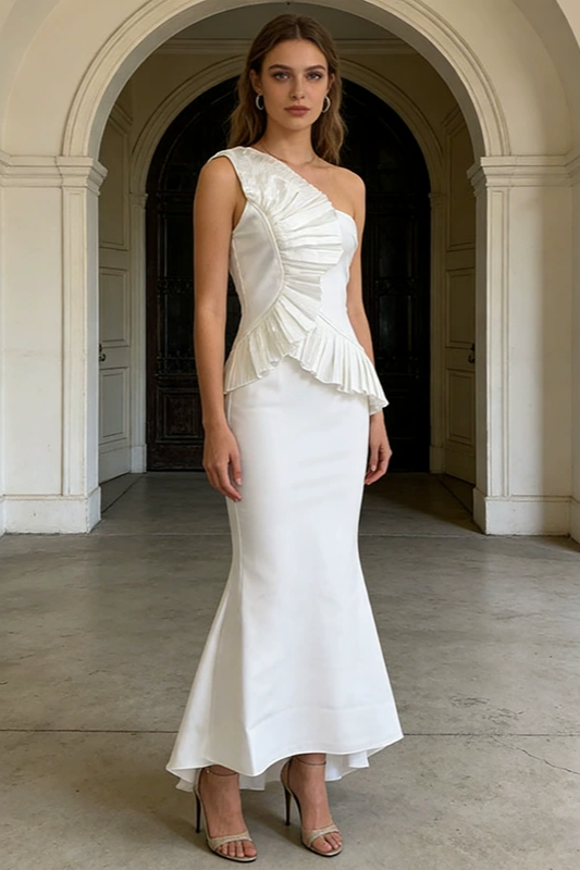 Bandage Skew Collar Ruffle Maxi Dress