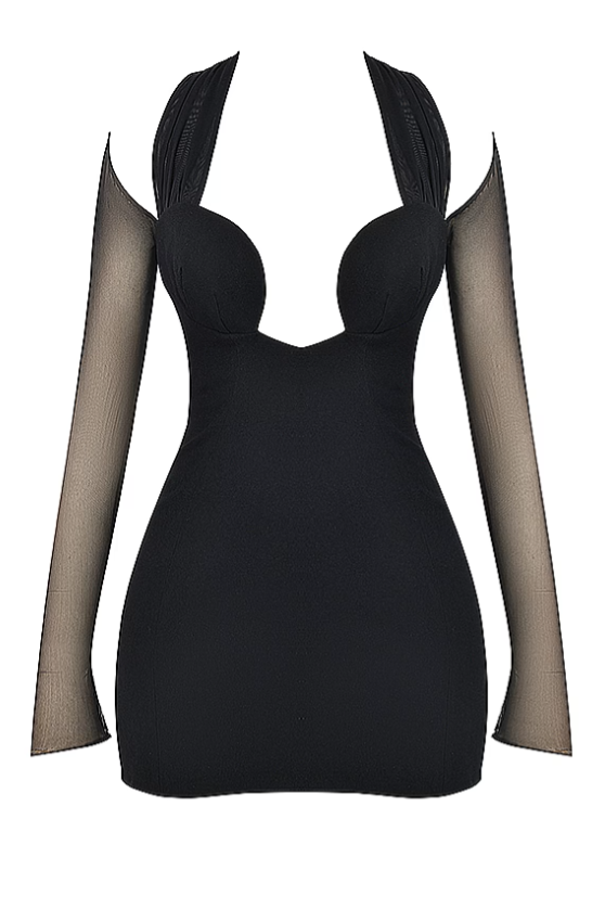 Jersey Splicing Mesh Halter Neck Mini Dress