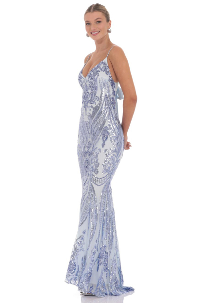 Sequin V-Neck Lace-Up Fishtail Maxi Dress