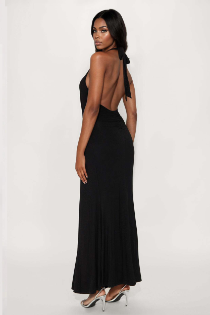 Jersey Metal Decorations Halter Neck Maxi Dress