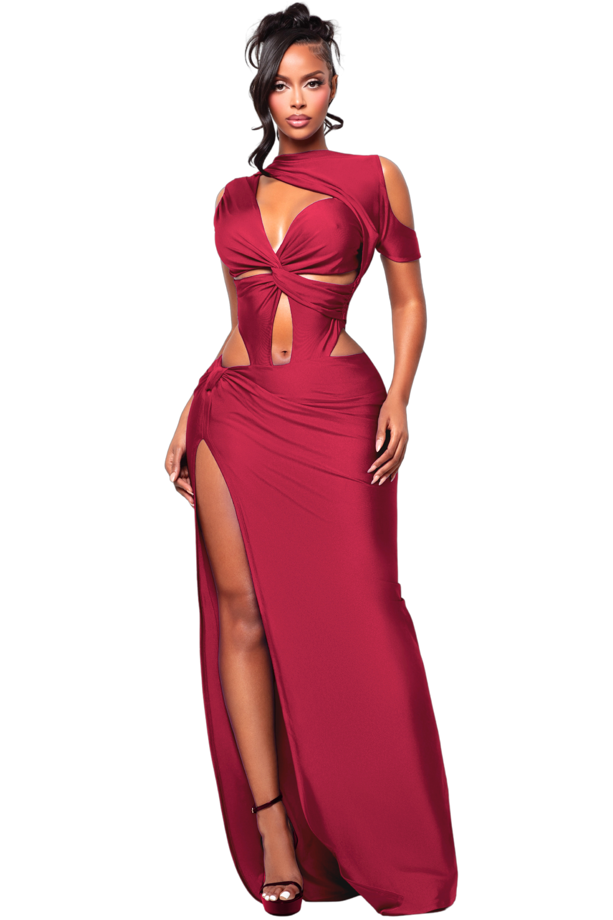 Cut-Out Asymmetrical Sleeve Silt Maxi Dress