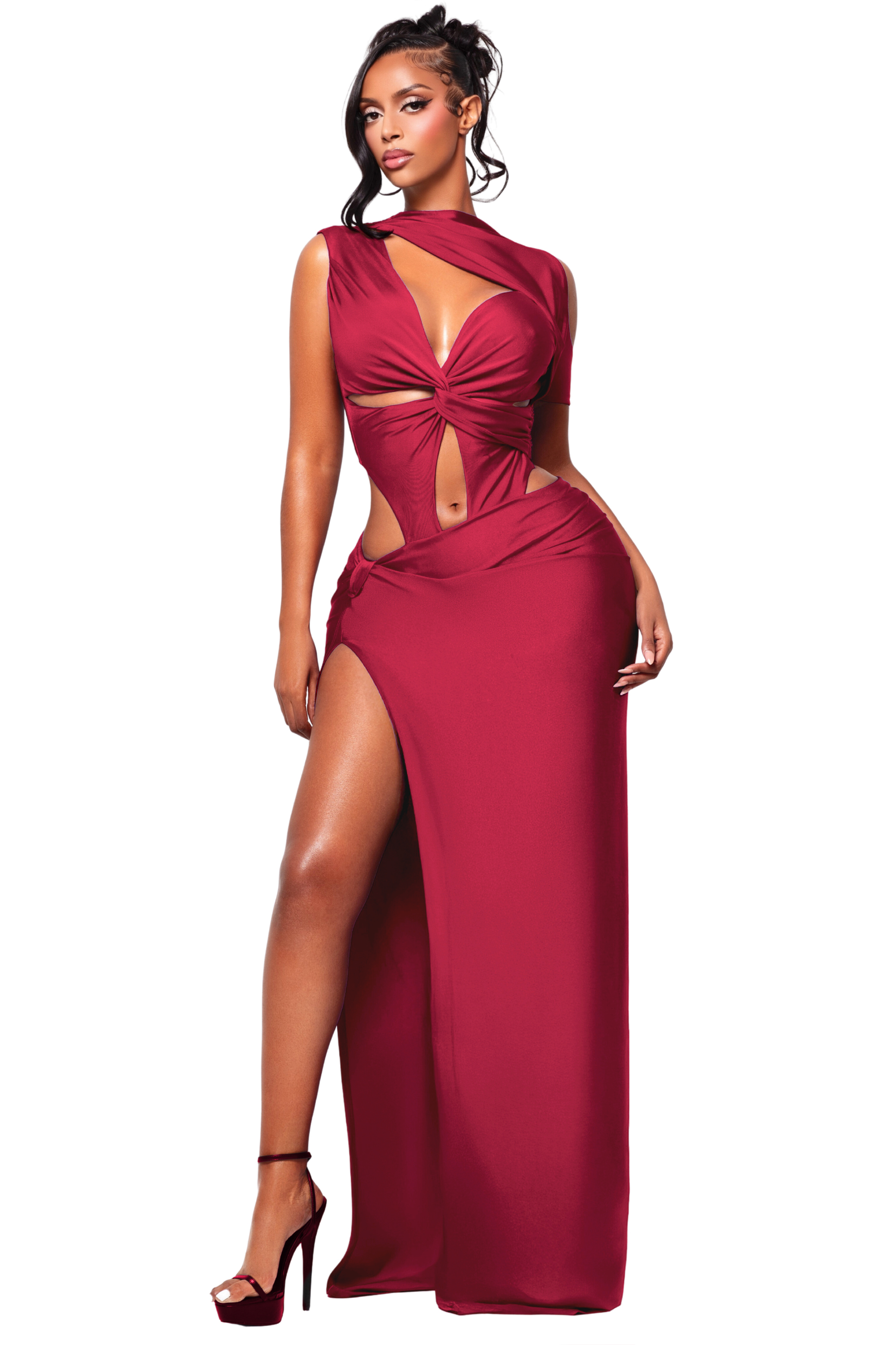 Cut-Out Asymmetrical Sleeve Silt Maxi Dress