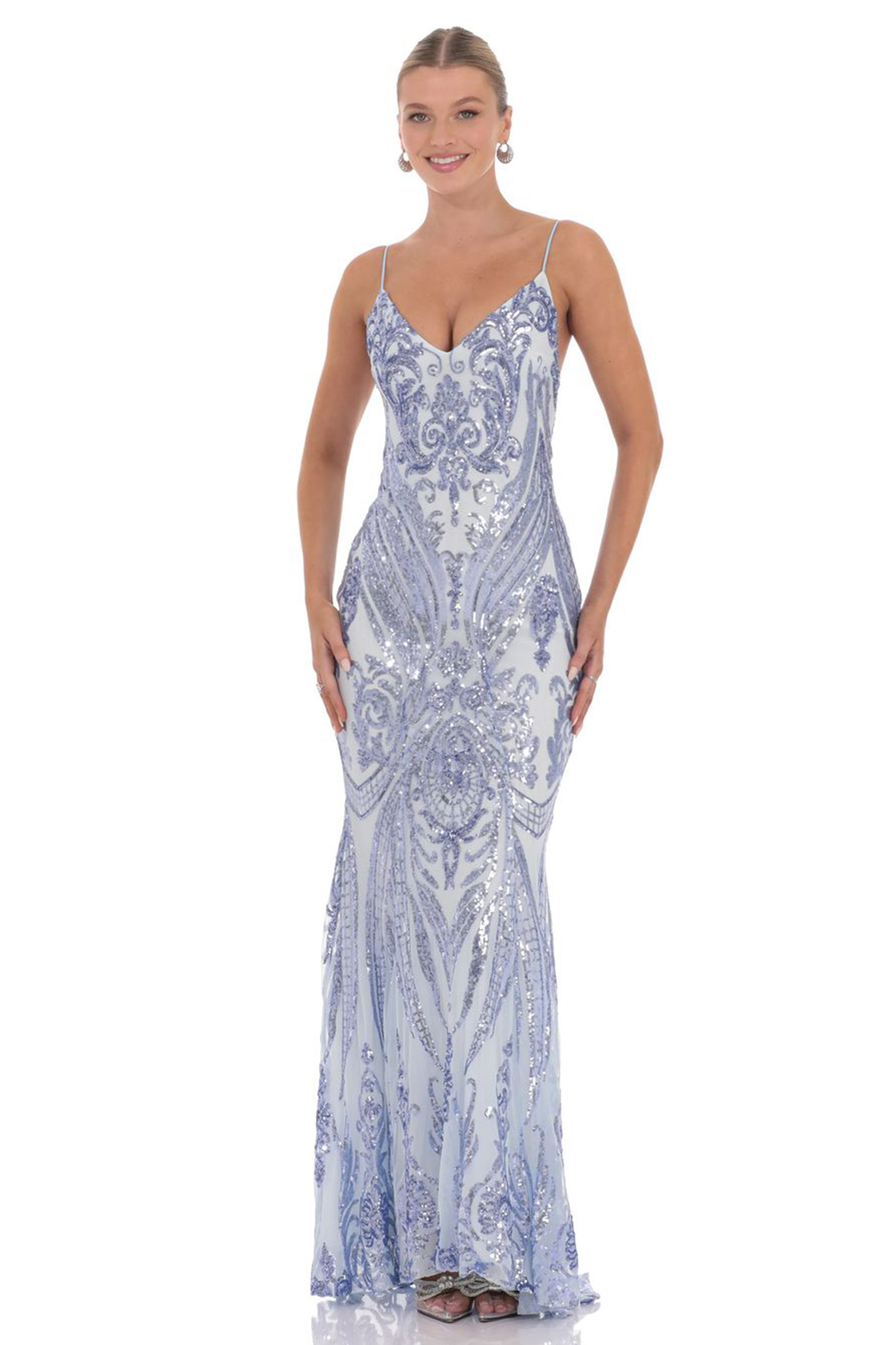 Sequin V-Neck Lace-Up Fishtail Maxi Dress