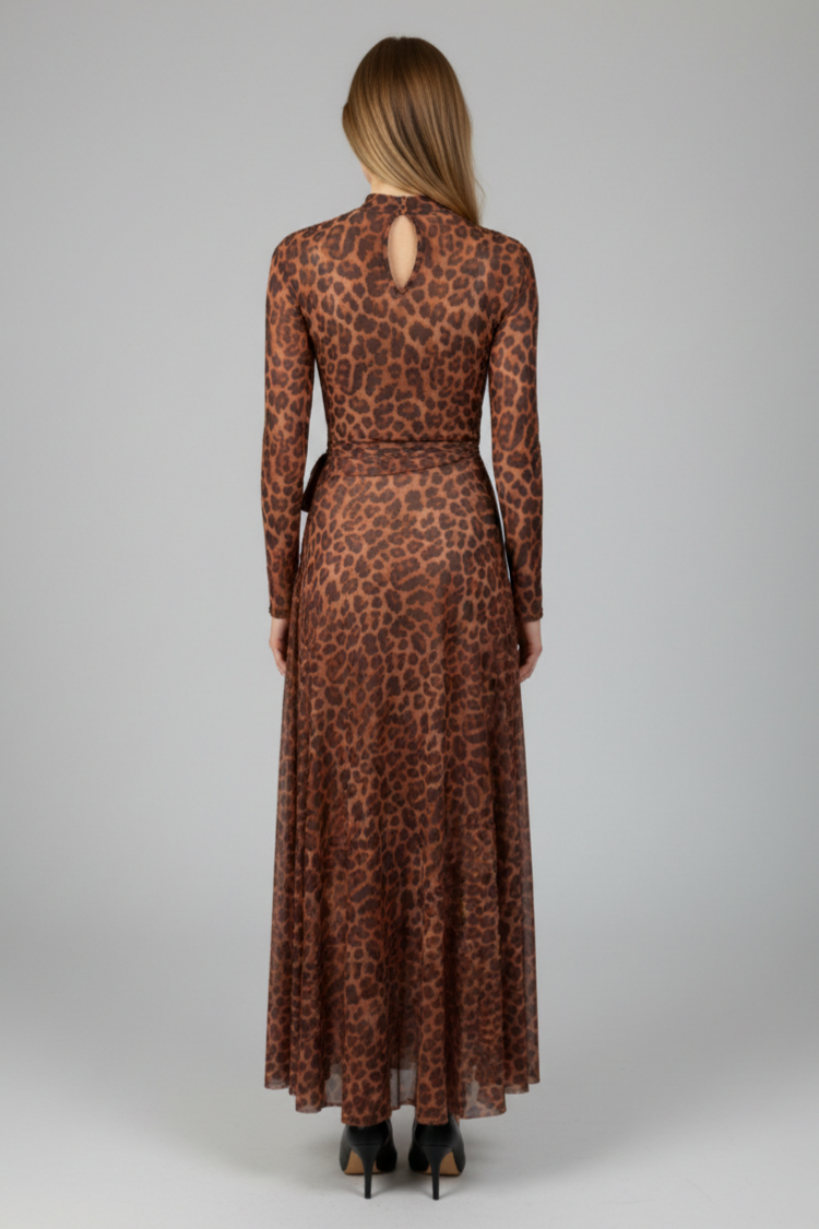 Leopard Print Mesh Slit Maxi Dress