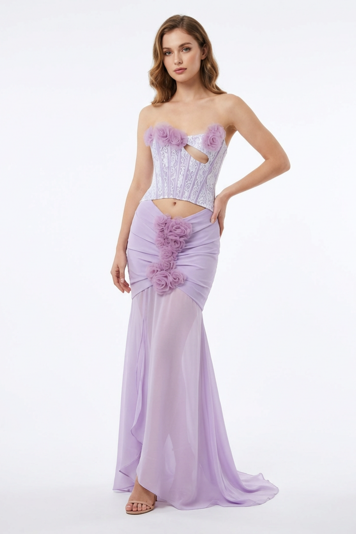 3D Flower Lace Corset Cut-Out Maxi Dress