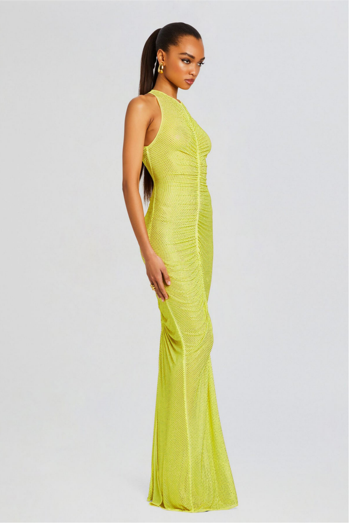 Rhinestone Gathering Sleeveless Maxi Dress