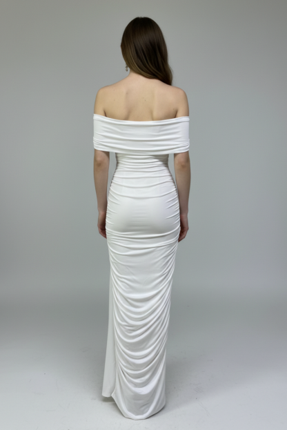 Off-Shoulder Gathering Tie-Up Maxi Dress