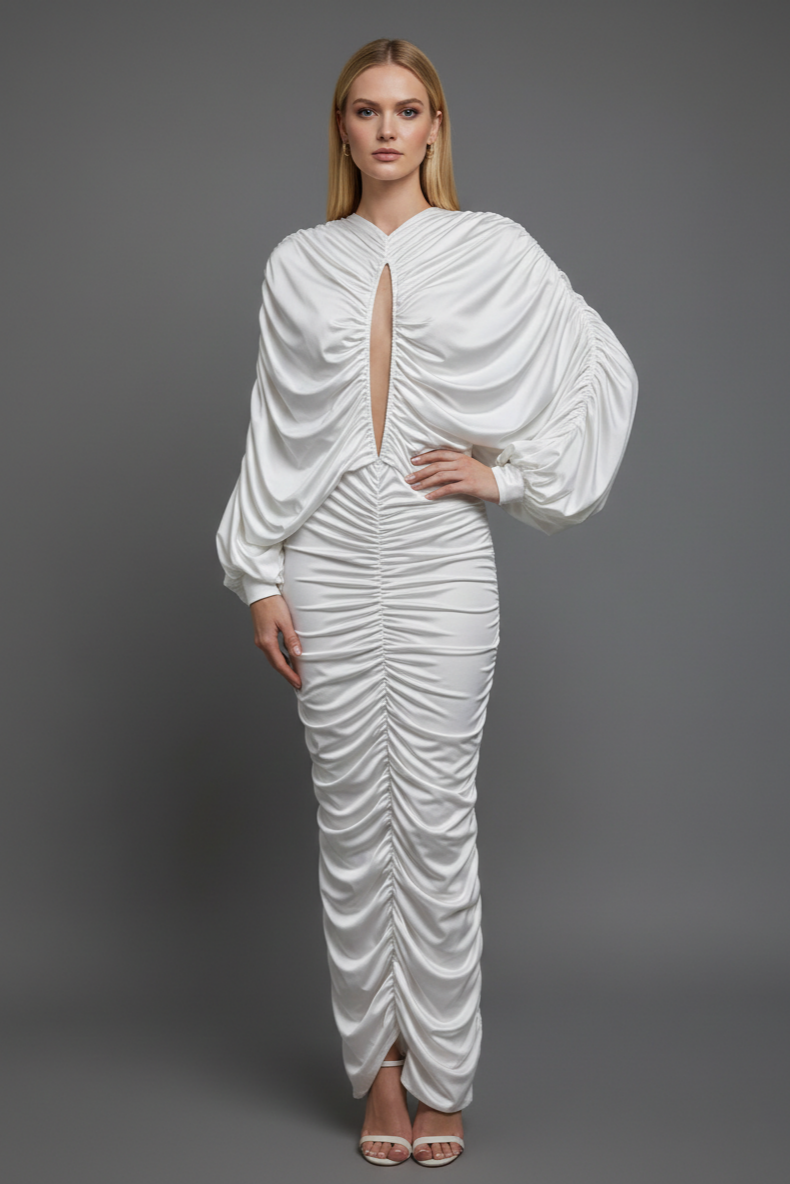 Cut-Out Long Sleeve Ruched Maxi Dress