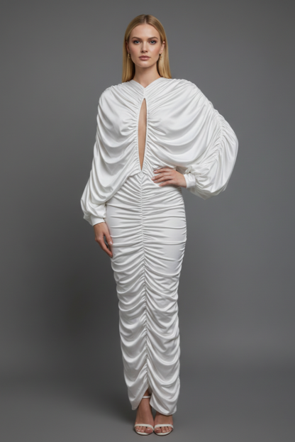 Cut-Out Long Sleeve Ruched Maxi Dress