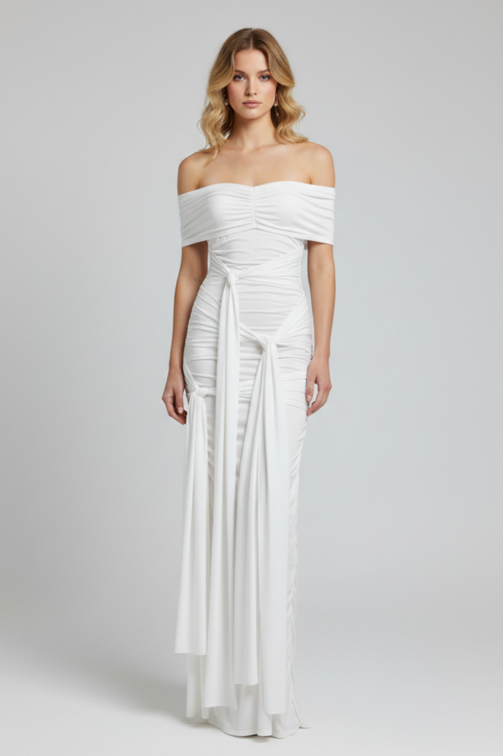 Off-Shoulder Gathering Tie-Up Maxi Dress