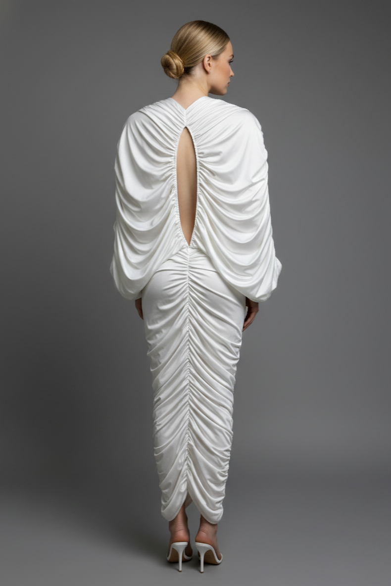 Cut-Out Long Sleeve Ruched Maxi Dress