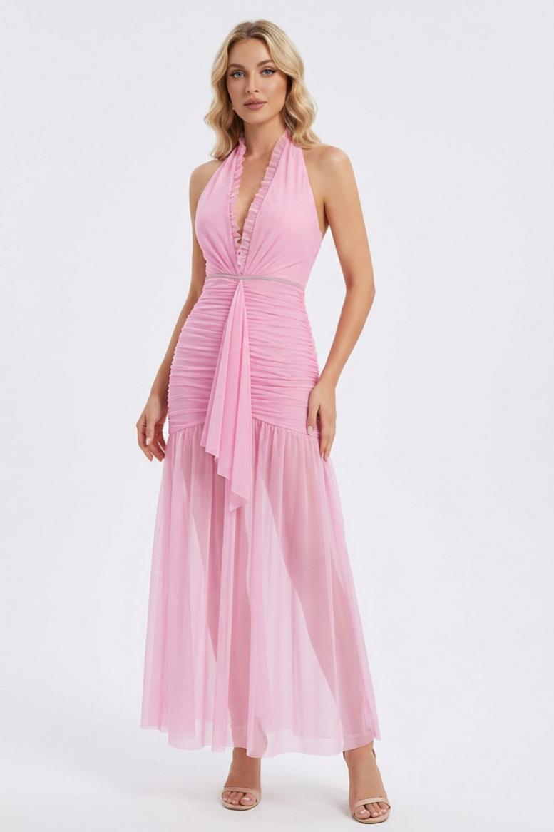 Mesh Halter Neck Gathering Maxi Dress