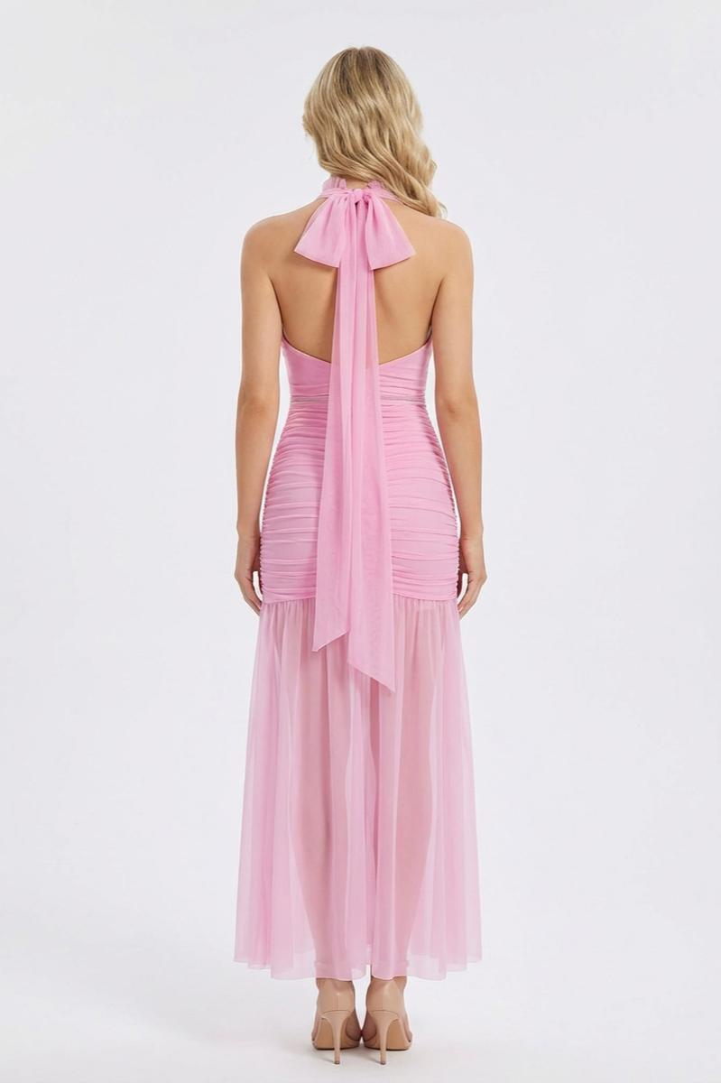 Mesh Halter Neck Gathering Maxi Dress