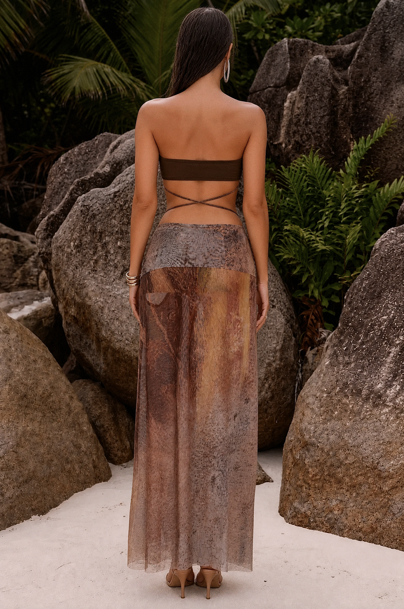 Abstract Print Off Shoulder Metal Decorations Bikini Three Piece Set