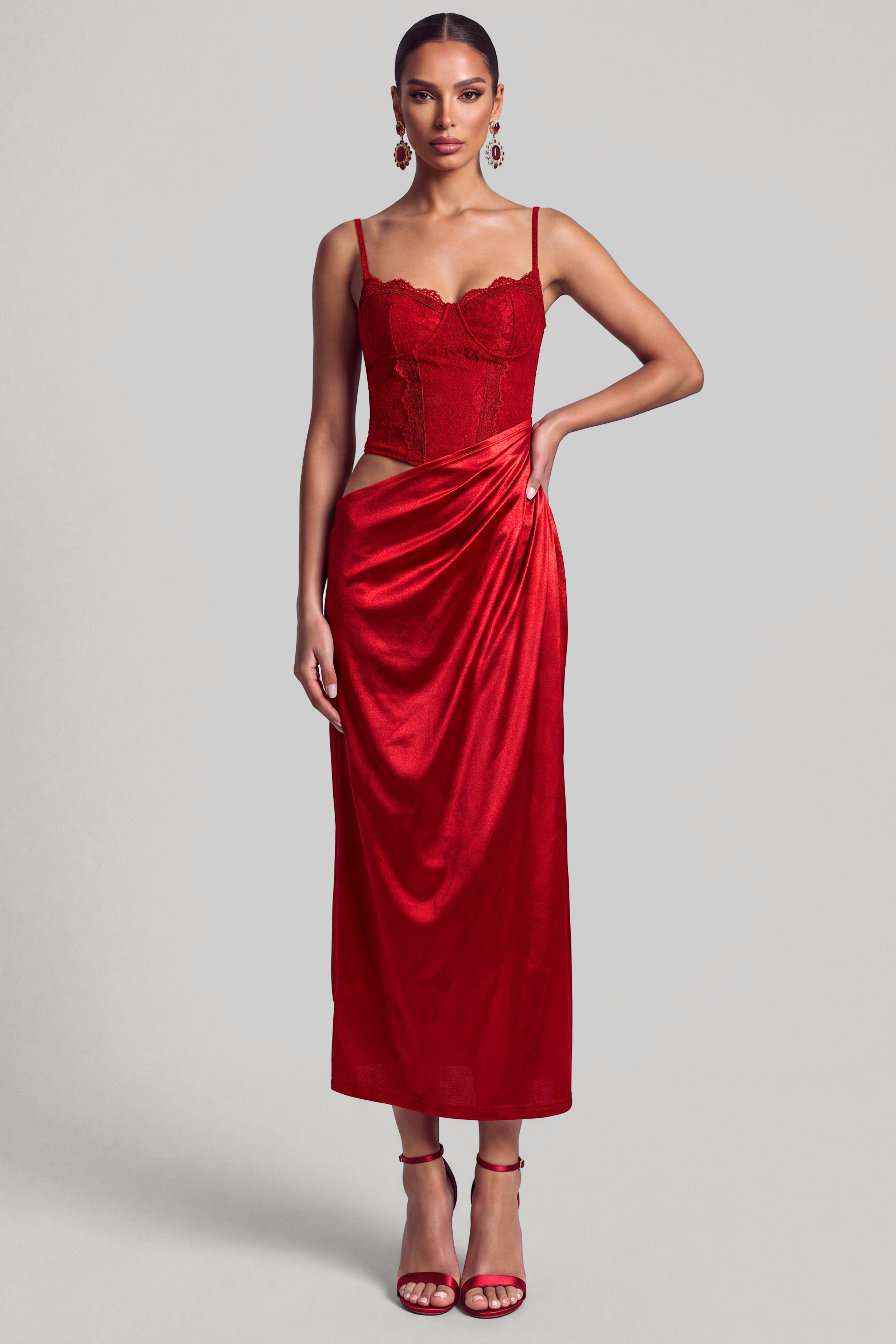 Lace Splicing Satin Slip Midi Dress