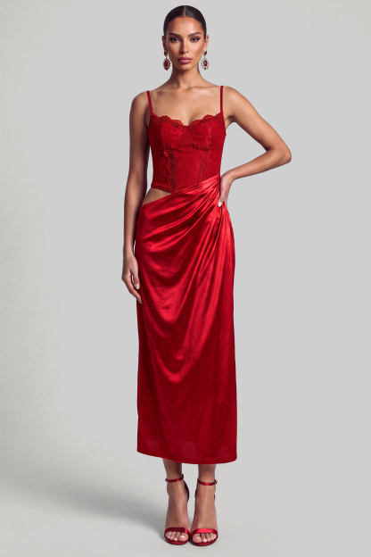 Lace Splicing Satin Slip Midi Dress