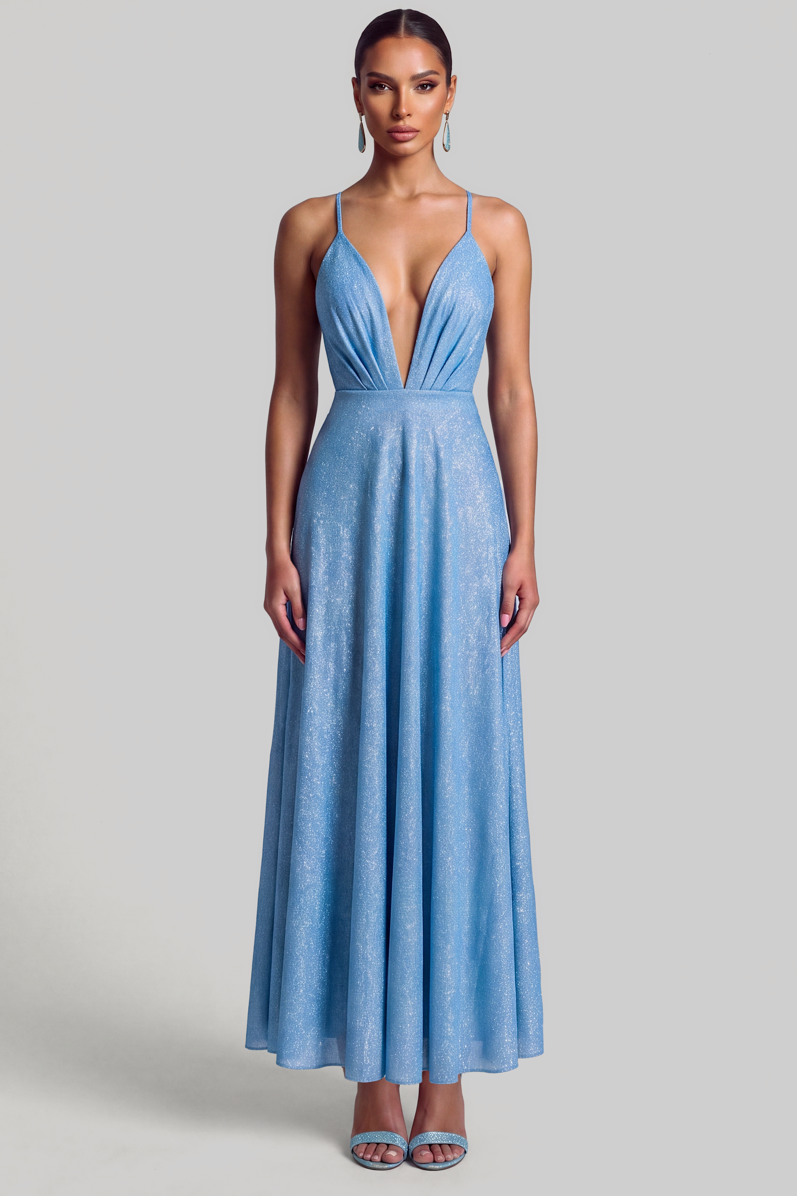 Glitter Deep V Ruched Maxi Dress