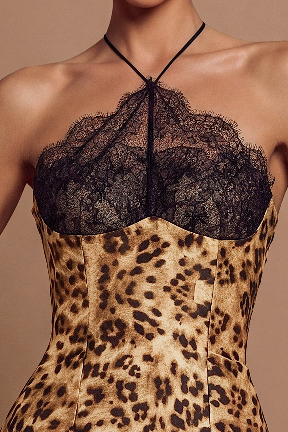 Leopard Print Lace Halter Neck Mini Dress
