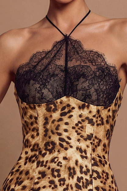 Leopard Print Lace Halter Neck Mini Dress