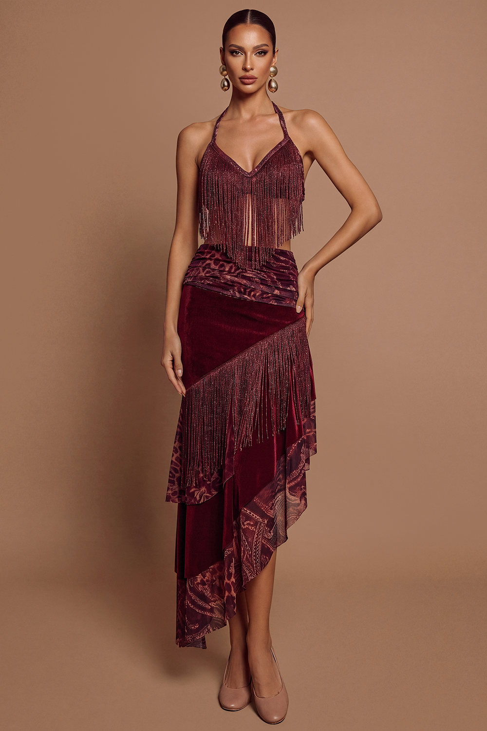 Leopard Print Tassel Top & Low Waist Ruffle Midi Skirt Set