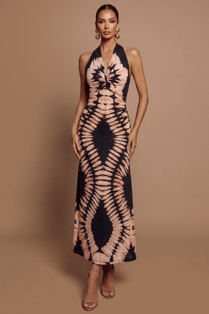Abstract Print Knotted Backless Midi Dress