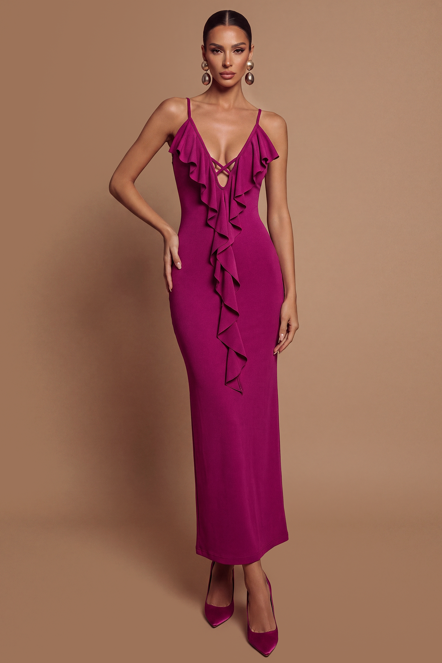 Jersey Ruffle Cut-Out Midi Dress