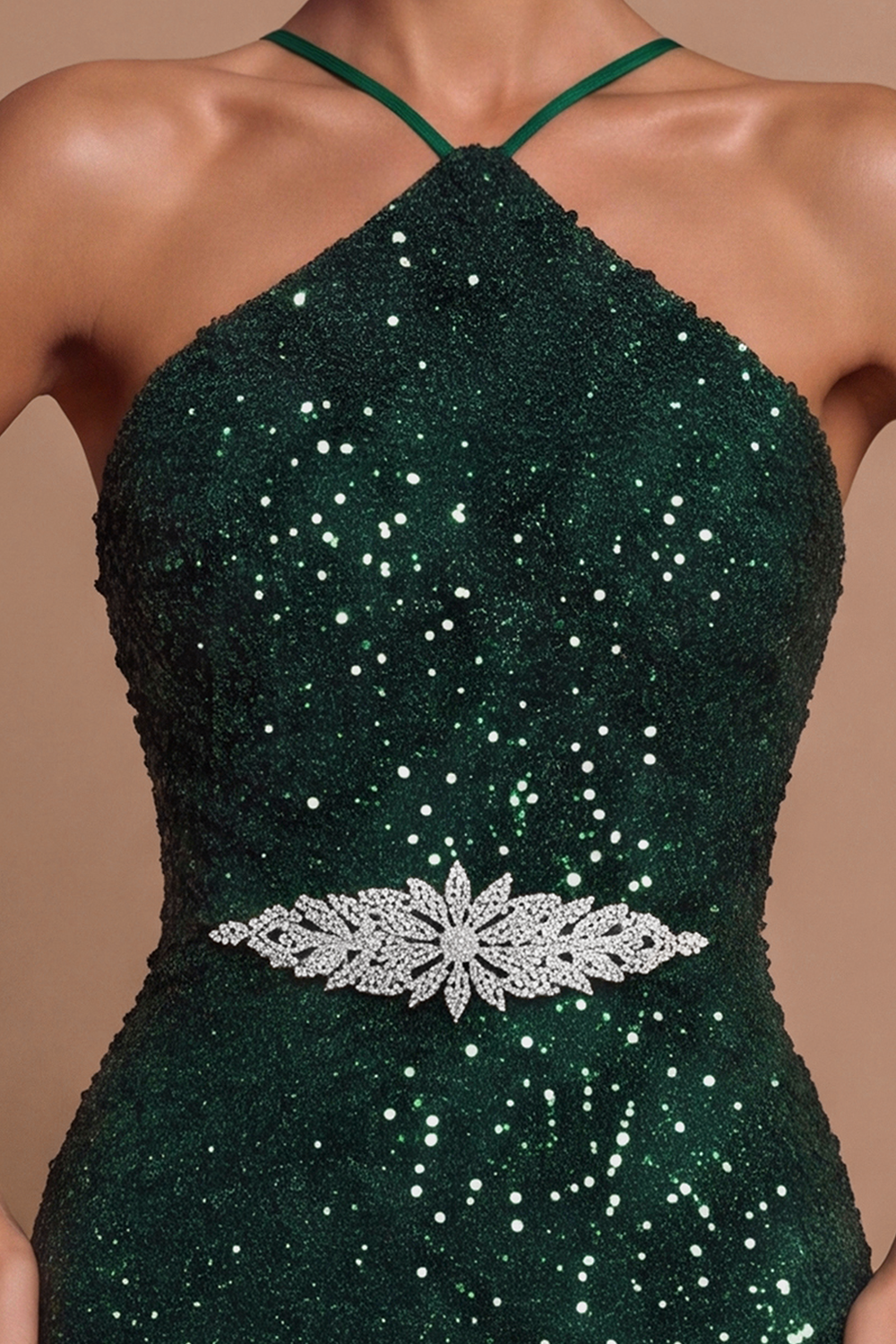 Sequin Halter Mermaid Train Maxi Dress