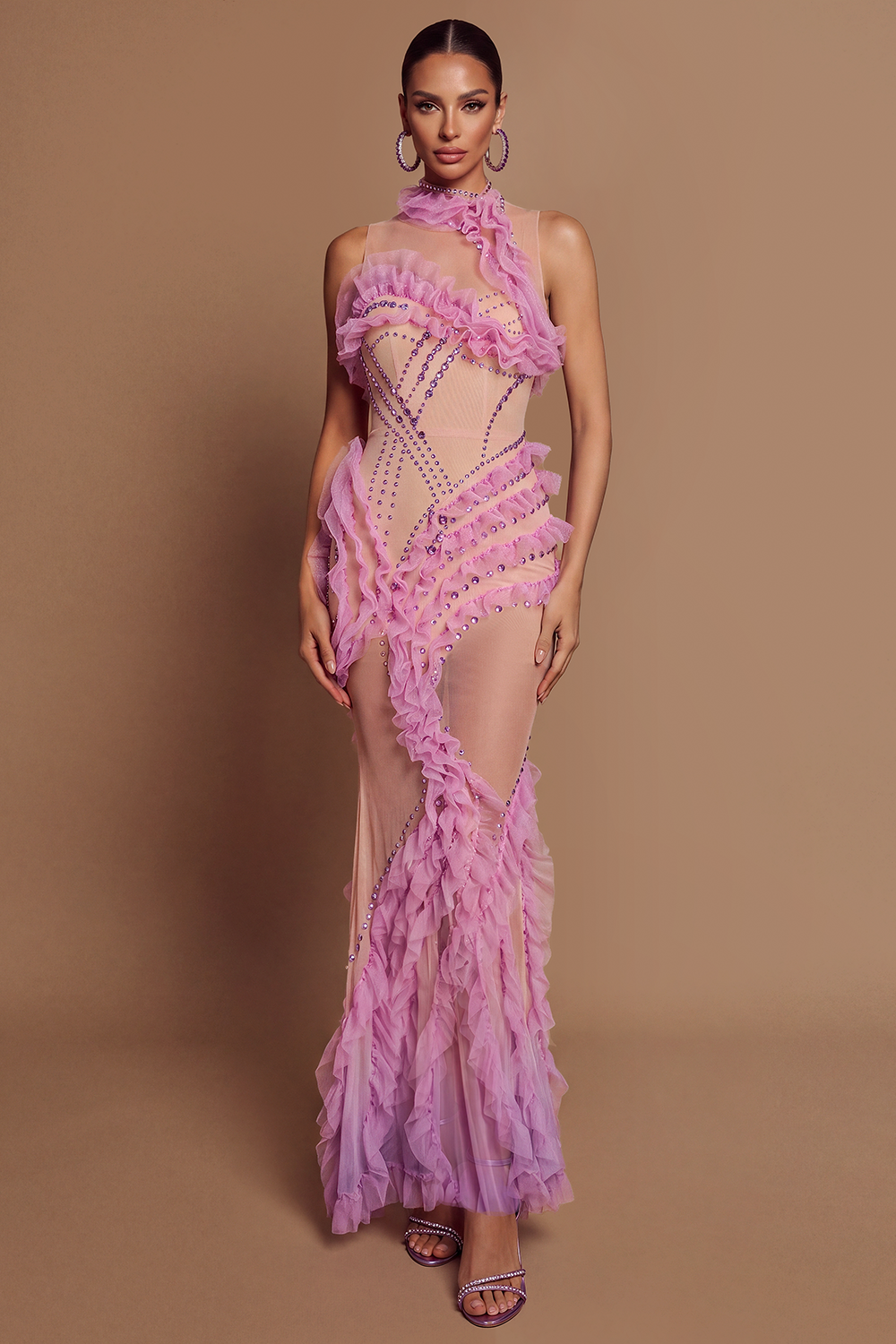 Mesh Rhinestone See-Through Maxi Dress