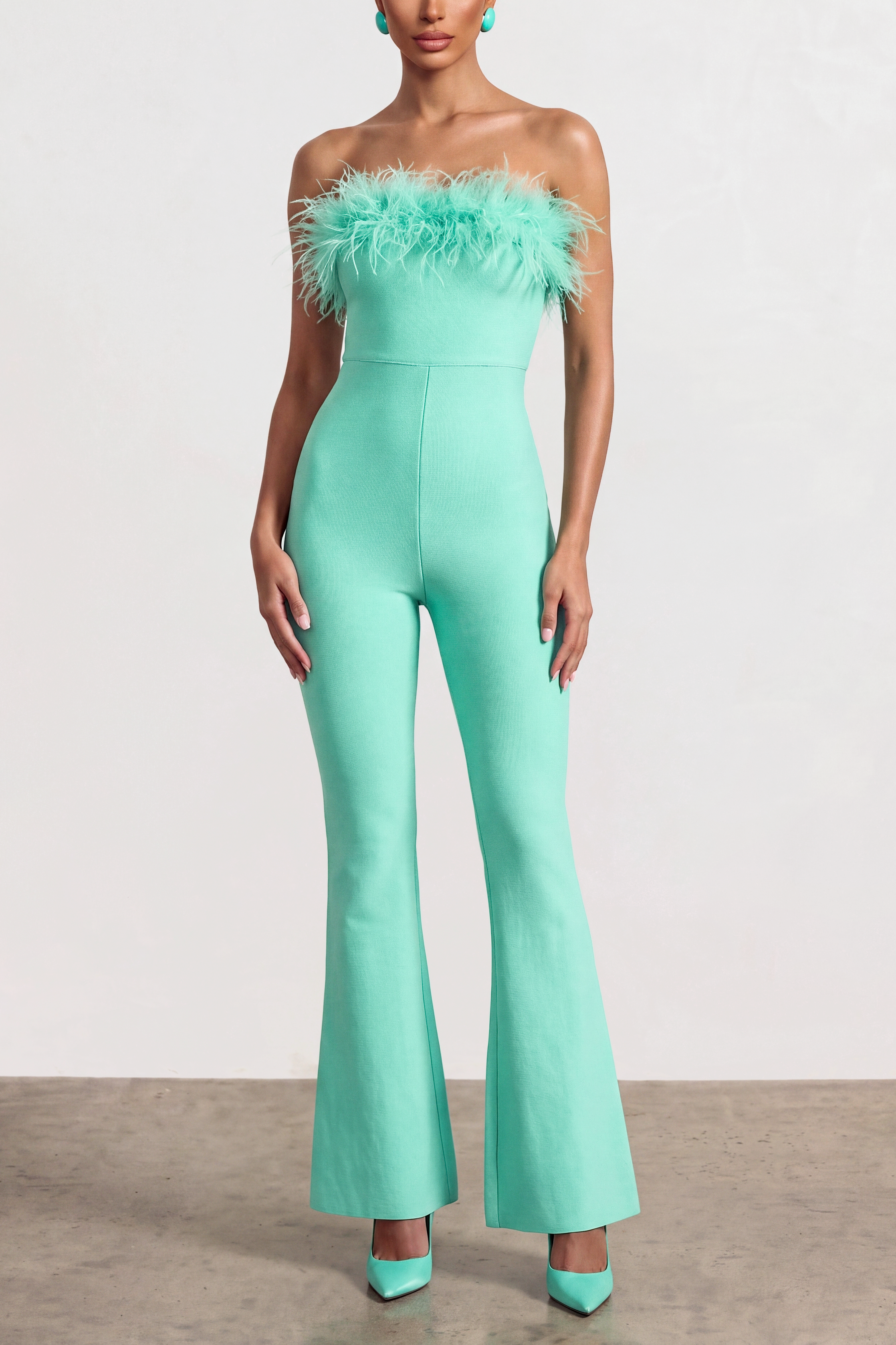 Feather Strapless Flare Jumpsuit