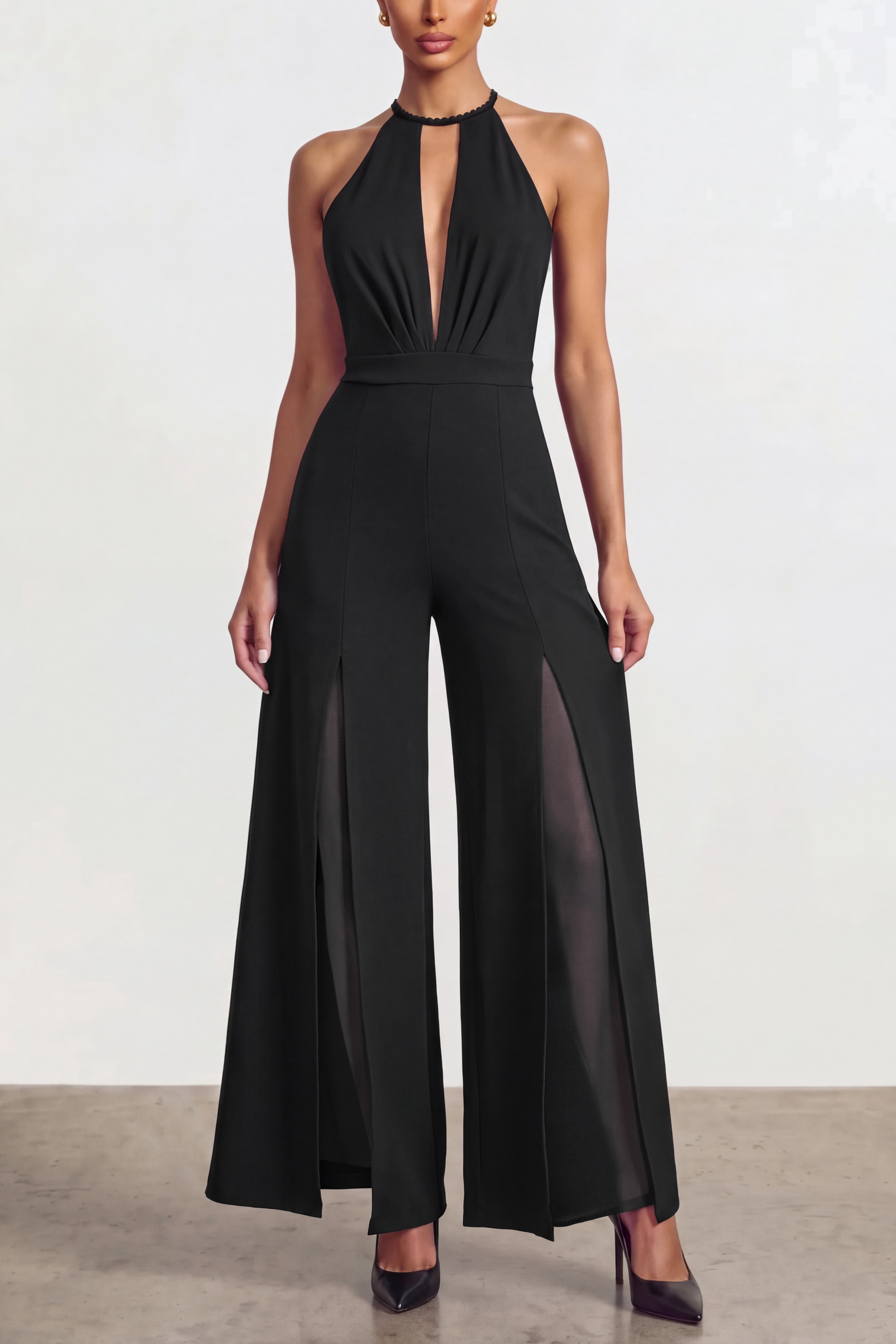 Halter Deep V Split Wide Leg Jumpsuit