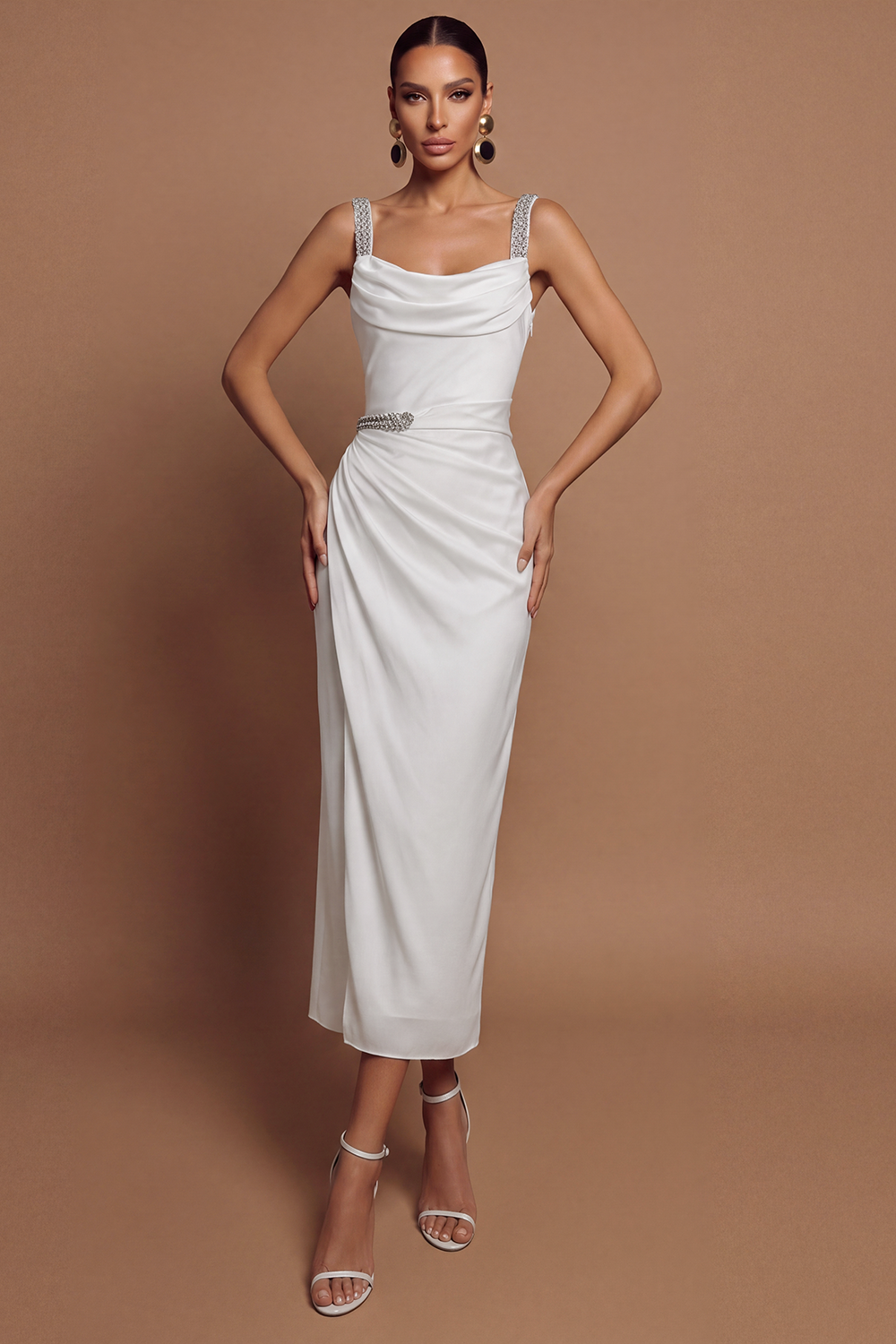 Satin Rhinestone Rivets Square Collar Midi Dress