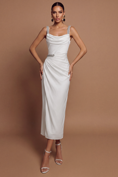 Satin Rhinestone Rivets Square Collar Midi Dress
