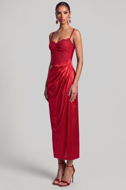 Lace Splicing Satin Slip Midi Dress