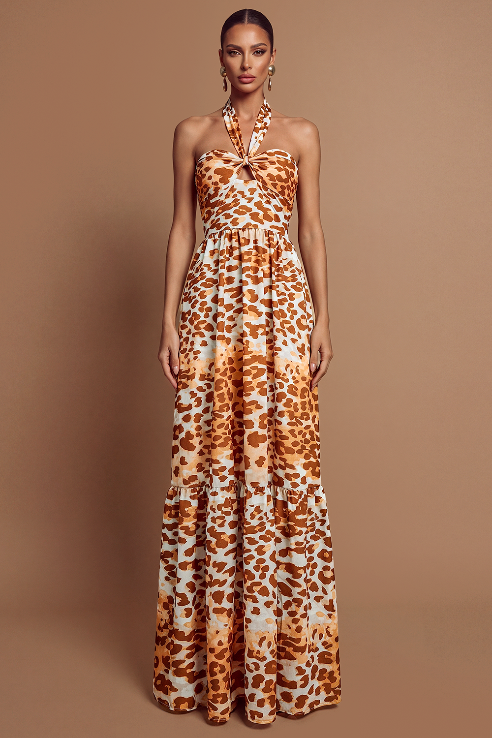 Leopard Print Halter Neck Backless Maxi Dress