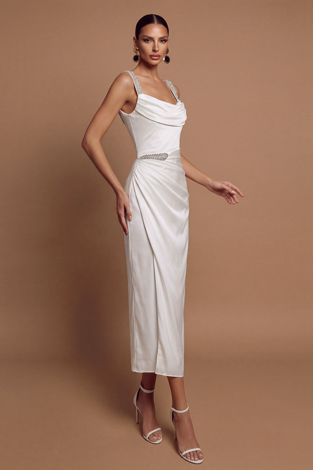 Satin Rhinestone Rivets Square Collar Midi Dress