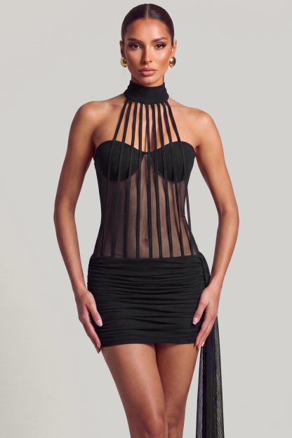 Mesh See-Through Halter Neck Mini Dress