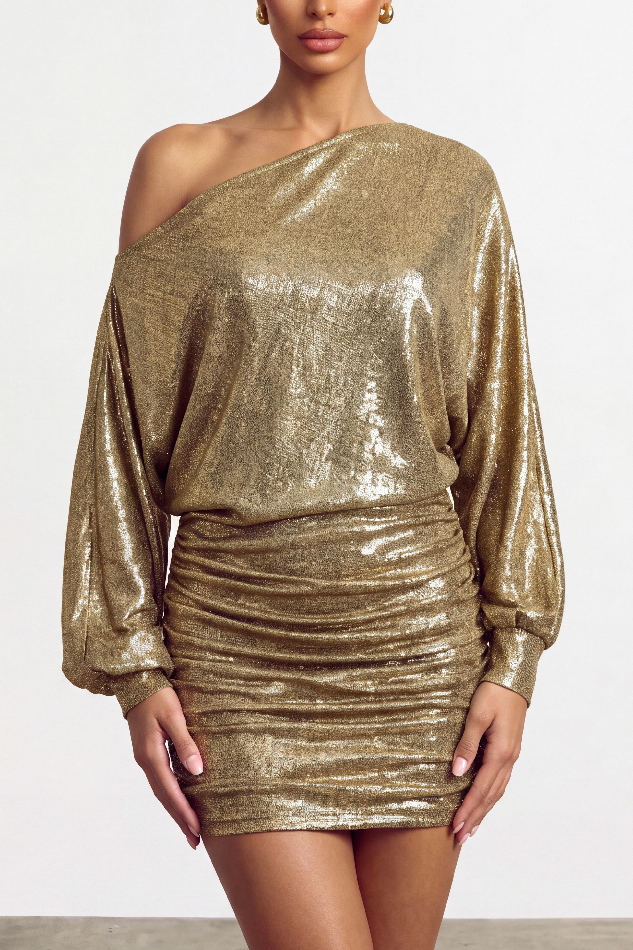 Gold Foil One Shoulder Batwing Sleeve Mini Dress