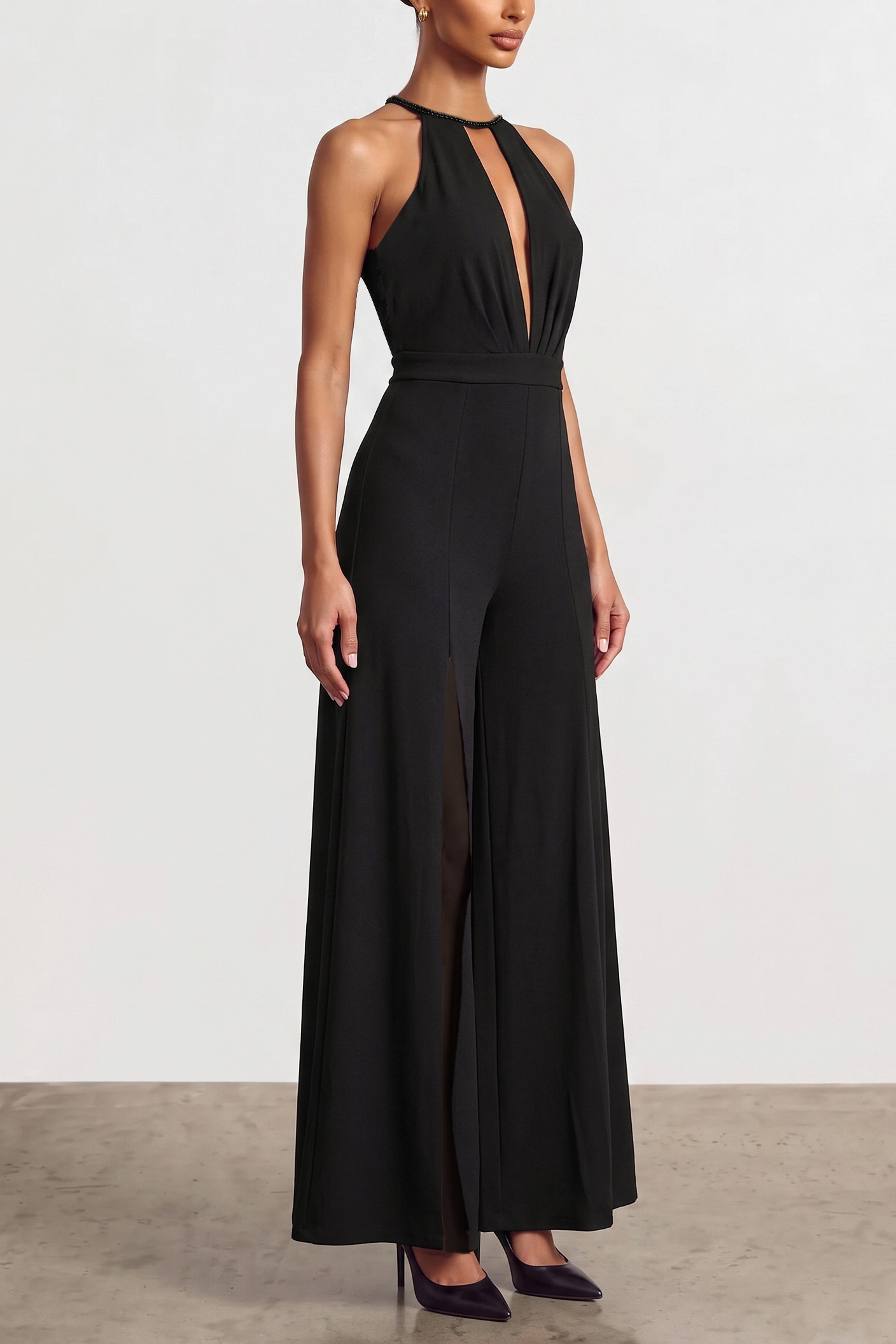 Halter Deep V Split Wide Leg Jumpsuit