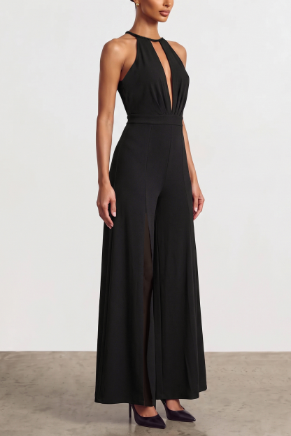 Halter Deep V Split Wide Leg Jumpsuit