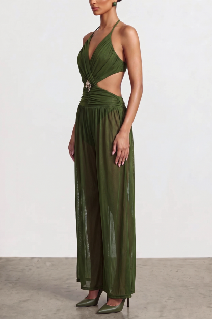 Mesh See-Through Tie-Up Jumpsuit
