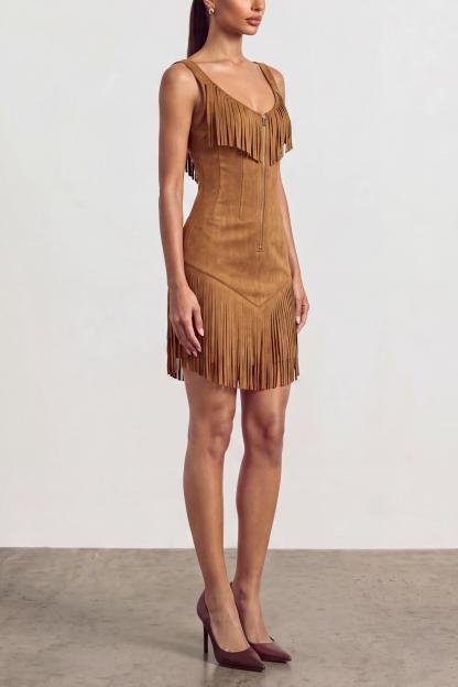 Suede Tassel Metal Zipper Mini Dress