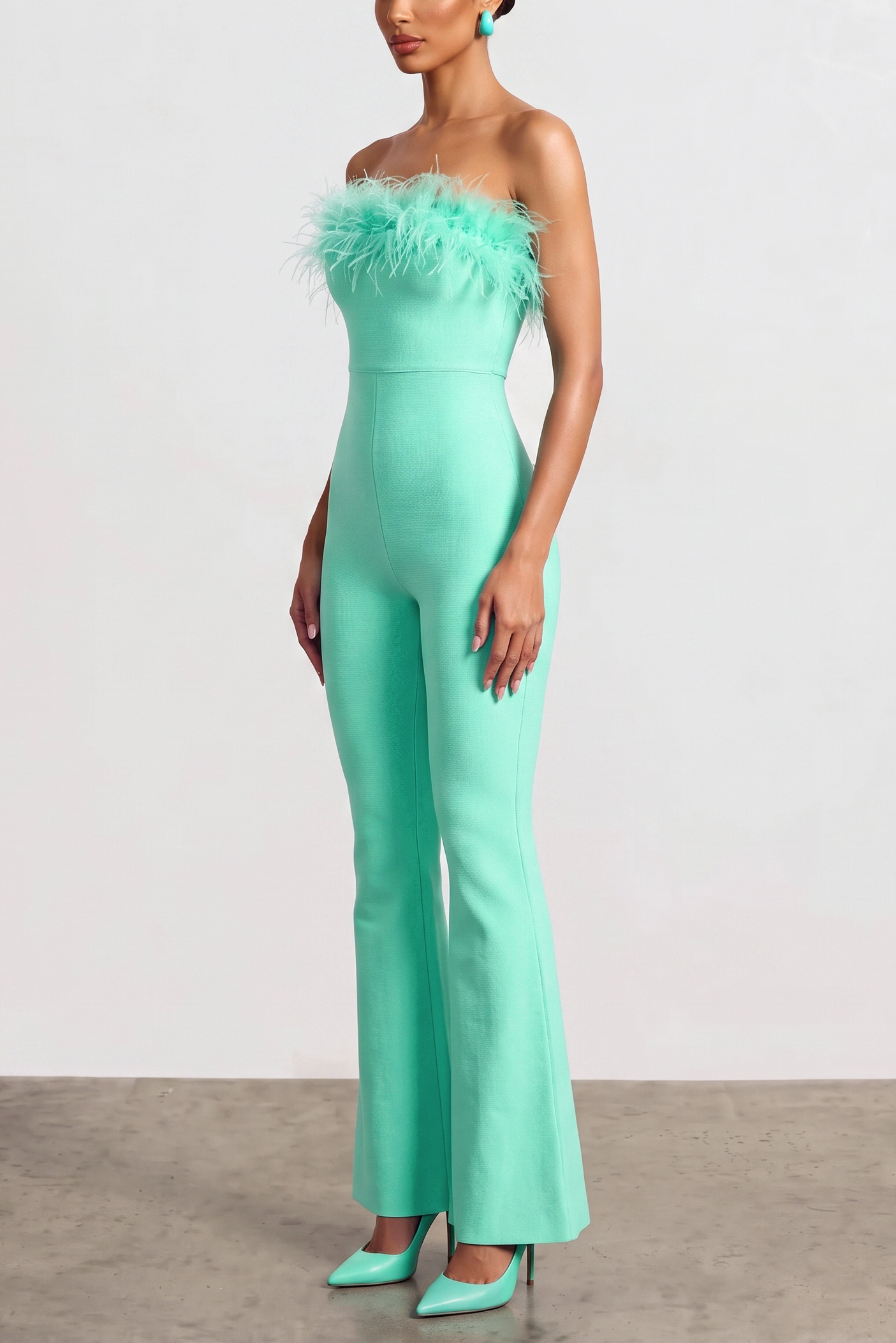 Feather Strapless Flare Jumpsuit