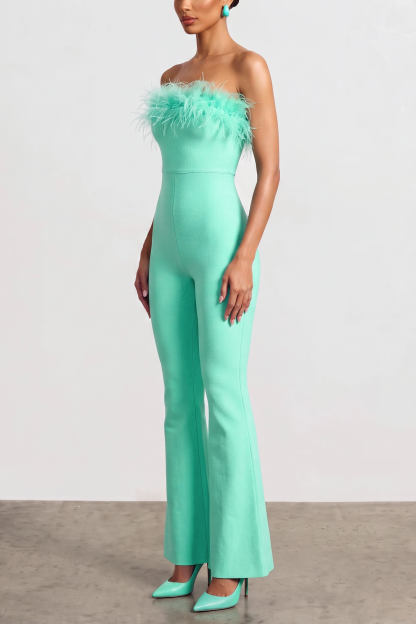 Feather Strapless Flare Jumpsuit
