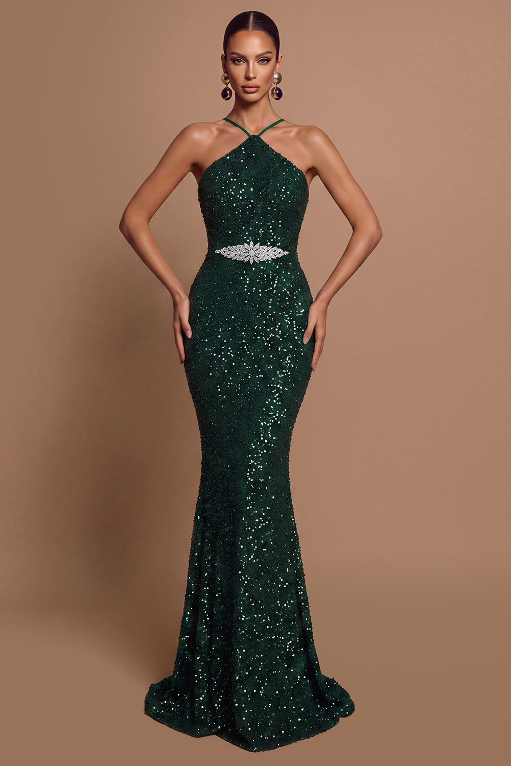 Sequin Halter Mermaid Train Maxi Dress