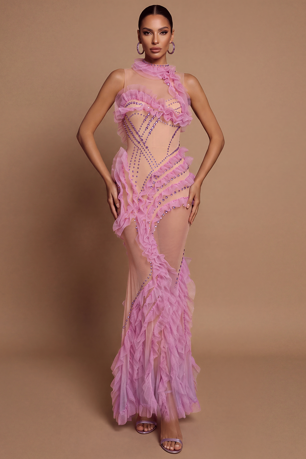 Mesh Rhinestone See-Through Maxi Dress