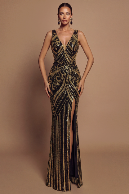 Sequin See-Through Slit Maxi Dress
